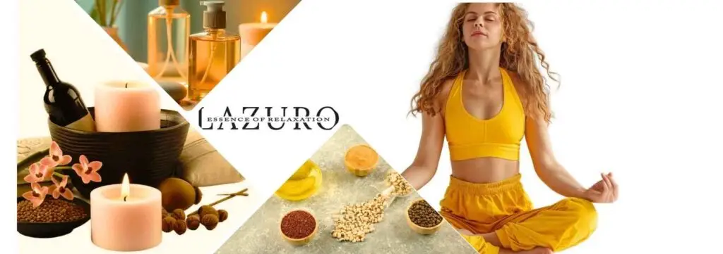 AROMATERAPIJA devojka meditira i ulja svece i sastojci na drugim slikama
