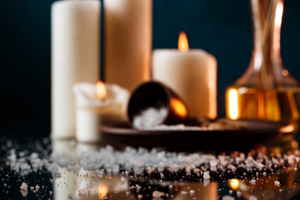 Set of spa treatment over dark background. Copy space.